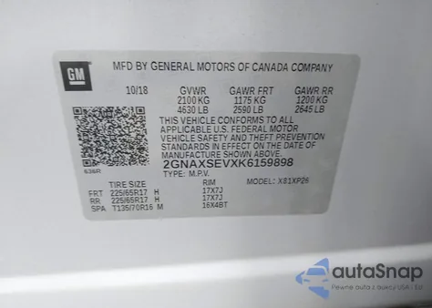 2019 Chevrolet Equinox Ls из США, поврежденный, VIN 2GNAXSEVXK6159898